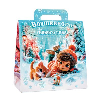 Новогодний подарок «020.Питомец» · Вес: 500 г., Упаковка: картон. · Размеры: ↔ 20.00 см ⤢ 10.00 см ↕ 19.60 см · (кликни на картинку, чтобы увеличить) Детский новогодний подарок «Питомец», 500 г, каталог 2027 года